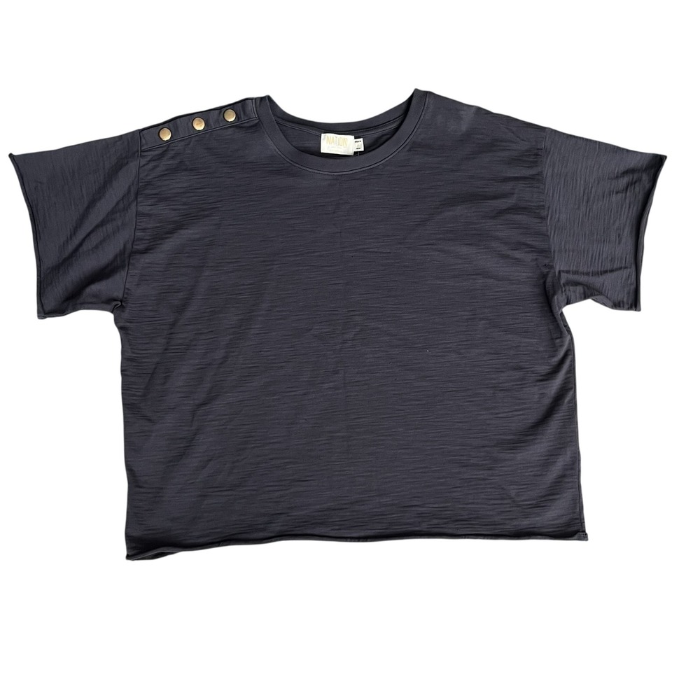 NWT Nation LTD Terrin Snap Tee Shadow Grey Gold Shoulder Buttons Large - Picture 2 of 6